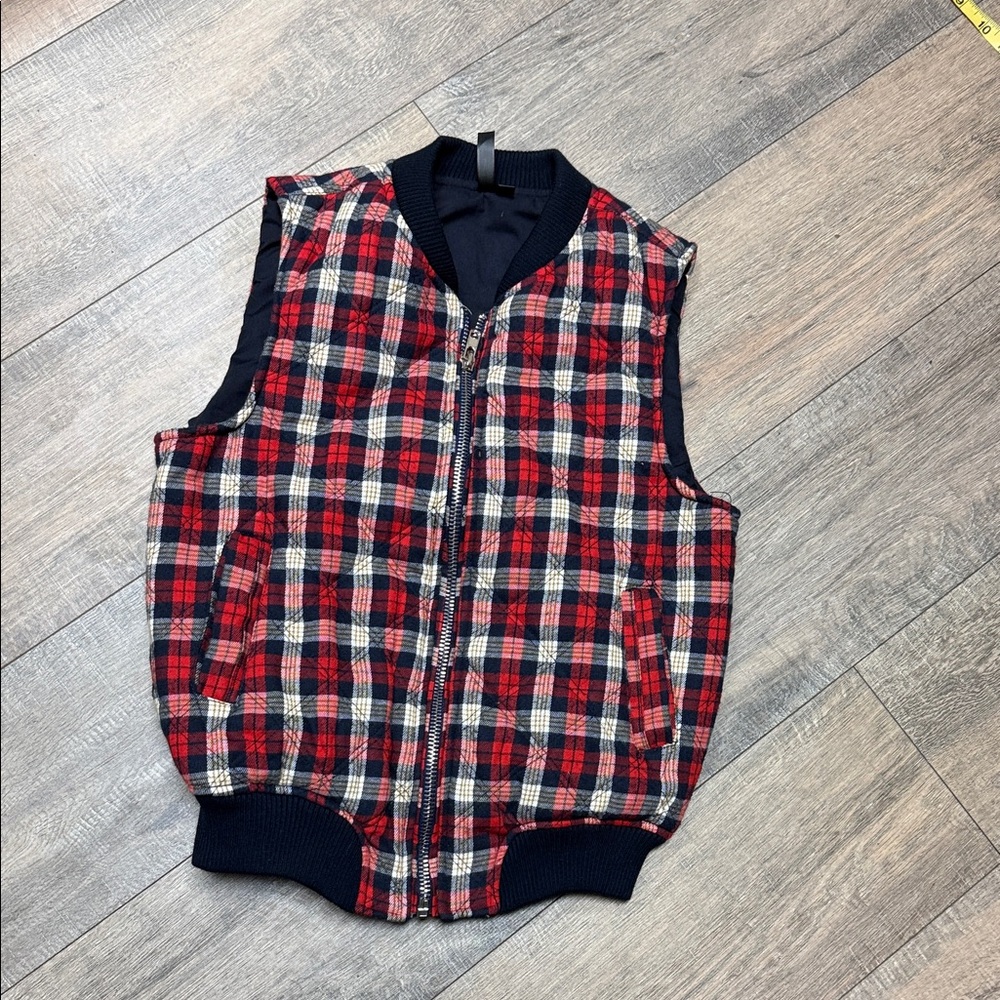 Cotton Flannel Red and Navy Plaid Women's Quilted Vest